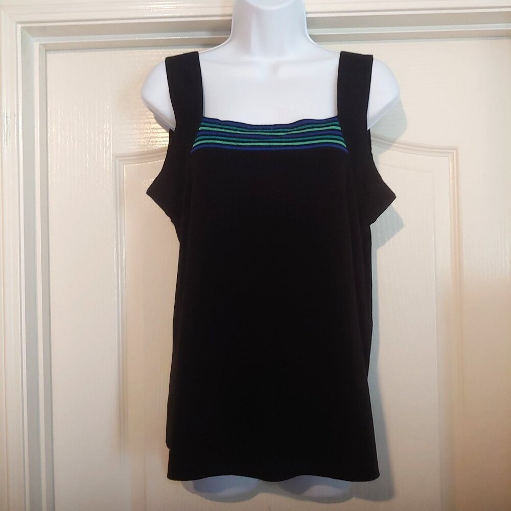 Exclusively Misook Womens Med Black Blue Tone Stripes Stretch Acrylic Shell Tank